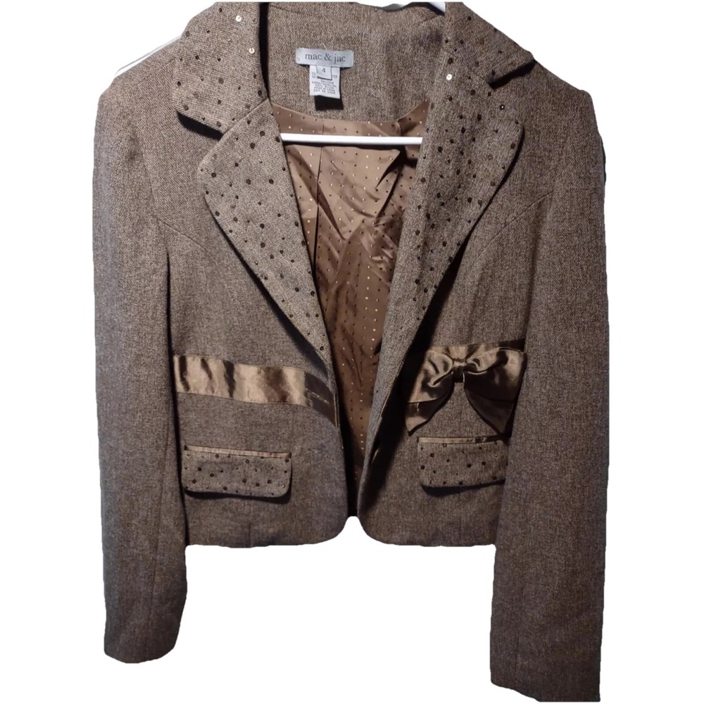Mac & Jac Brown Tweed Sequin Bow Blazer‎ Jacket Size 4 Brown Satin Trim Mens
